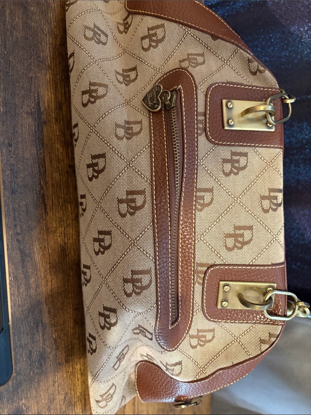 Dooney & Bourke Tan & Brown Signature Monogram Shoulder Bag. Vintage